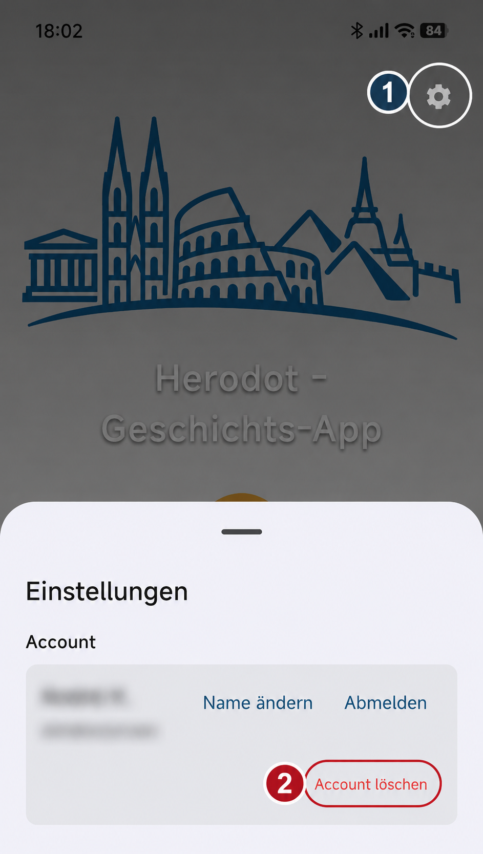 Einstellungen der Herodot App mit der Funktion Account löschen